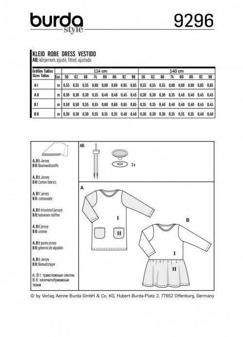 Burda Sewing Pattern 9296 Dresses For Kids and Babies, 56cm- 98cm - Easy