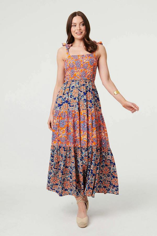 Orange | Floral Tiered Tie Strap Maxi Sun Dress