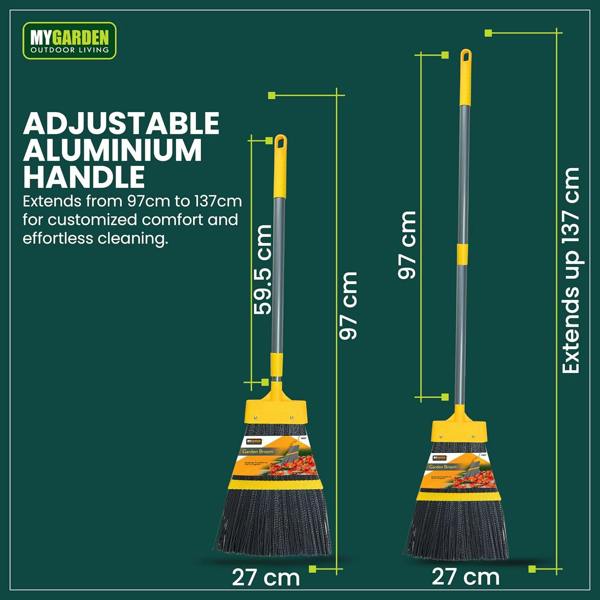 My Garden Outdoor Living Garden Broom 137cm Extendable Outdoor Brush Telescopic Broom Heavy Duty Stiff Brush for Outdoor Sweeping