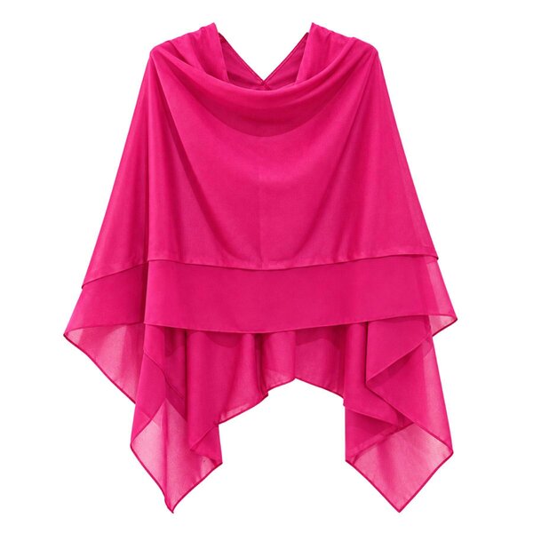 Love EMVY Wool Blend Poncho Shawl Wrap with Contrast Chiffon Border - Hot Pink