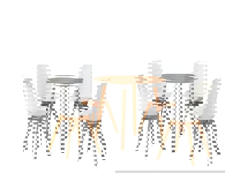 Life Interiors 5PCs Dining Set - an Oak Round Dining Table & Set of 4 White Lorenzo Tulip chairs with Padded Seat