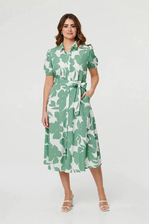 Sage | Abstract Floral Tie Waist Midi Dress