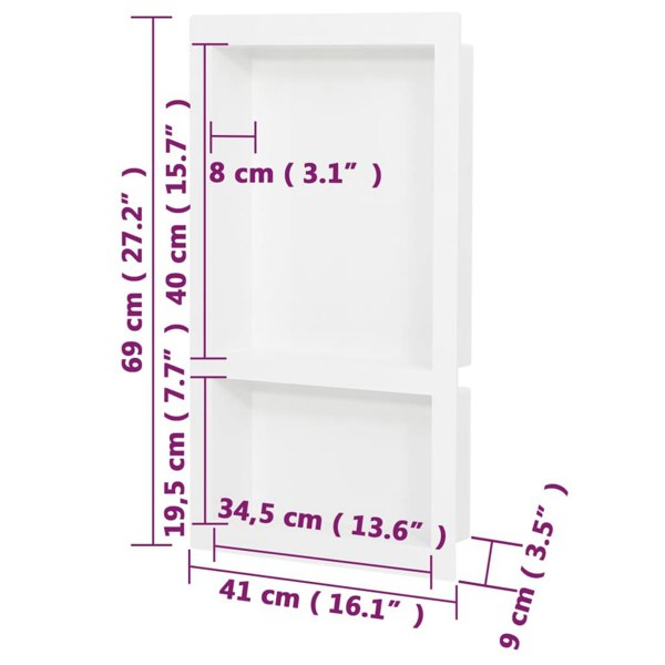 Berkfield Shower Niche with 2 Compartments High Gloss White 41x69x9 cm