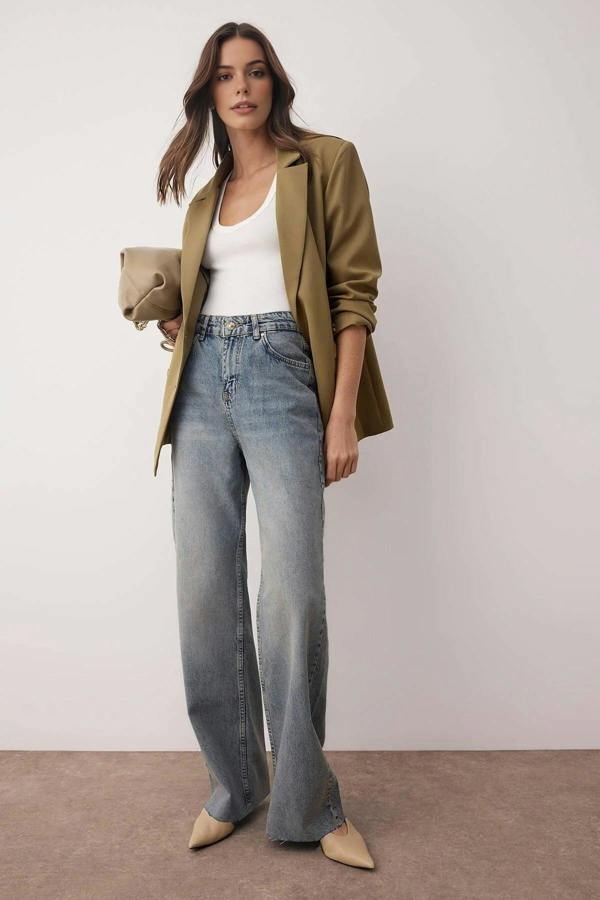 WOVCOR High Waist Wide Leg Jeans with Cut-Out Legs
