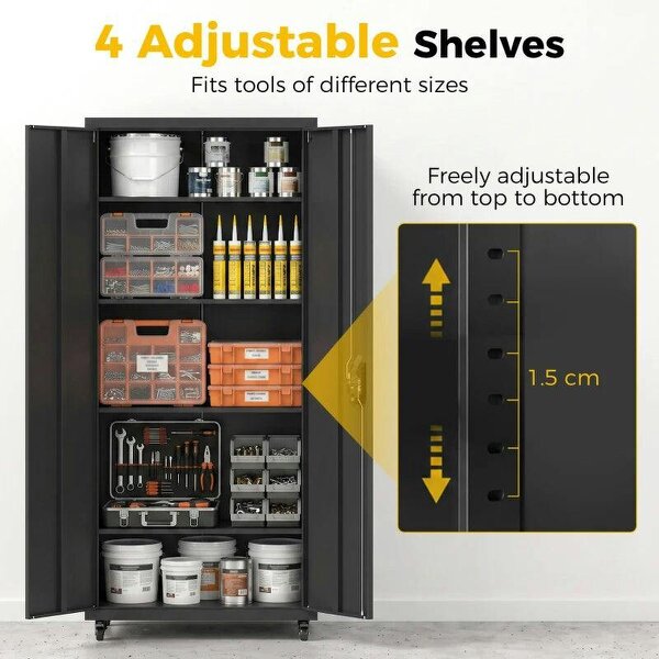 Metal Storage Cabinet, 180 cm Tall Lockable Steel Tool Cabinet with Removable Wheels and Adjustable Shelves, Black
