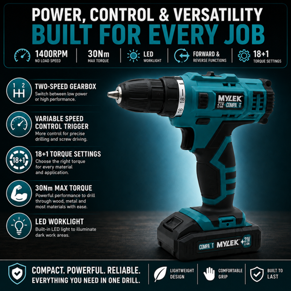 MYLEK 21V Cordless Drill Electric Li-ion Screwdriver Set, 2 Speed, Fast Charge, Variable Speed