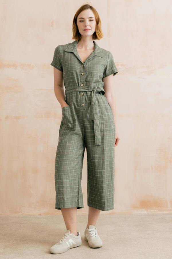 Lily & Me Josie Checked Organic Cotton Cropped Jumpsuit Green
