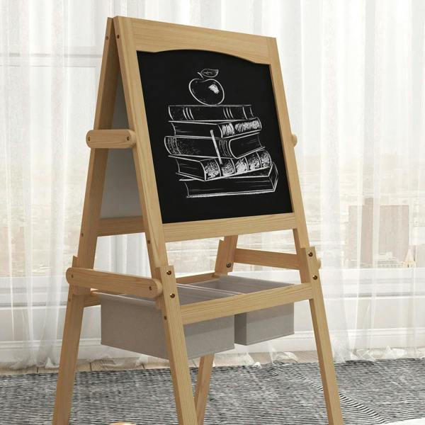 Close-up of wooden kids chalkboard art easel with built-in storage ledge