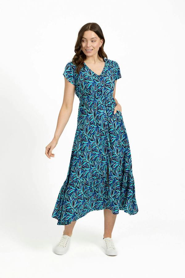 Mudflower Leaf Print Flared Button-Up Midi Dress