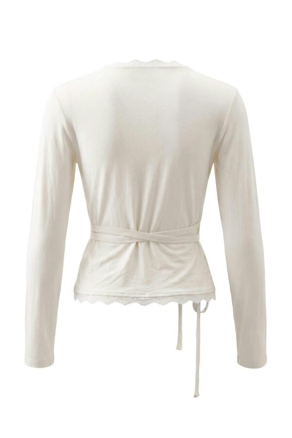 WOVCOR Fitted Wrap Neckline Long Sleeve Lace Detail Crop Blouse