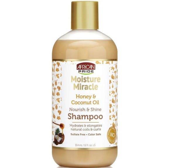 african pride honey and coconut shampoo with blend of Honey & Coconut Oil to deeply penetrate and hydrate natural coils and curls, leaving the hair soft, nourished and with natural shine.