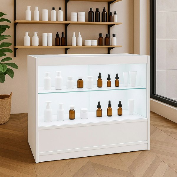 White LED retail shop counter C900 showcasing various glass and plastic bottles on illuminated shelves in a modern setting