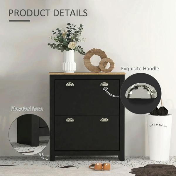 Black shoe cabinet with two drawers, elevated base, and arched metallic handle