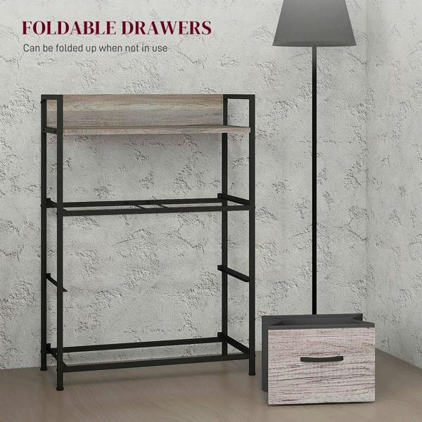 Folding-style grey wood-look drawer rack with four drawer sections and frame