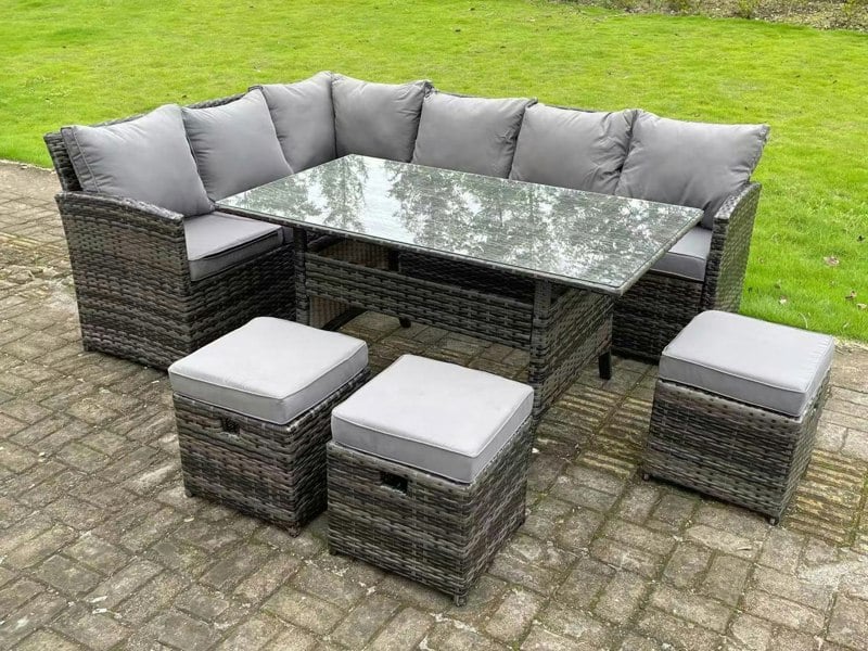 Fimous Semi-Assembled 9 Seater Rattan Garden Furniture Corner Sofa Dining Sets Outdoor Patio With 3 Stools