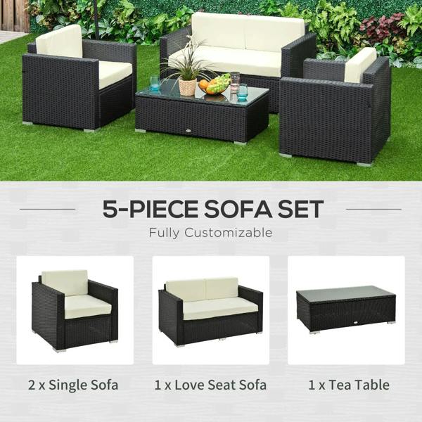 Black rattan 5-piece sofa set with cream cushions and glass-top coffee table