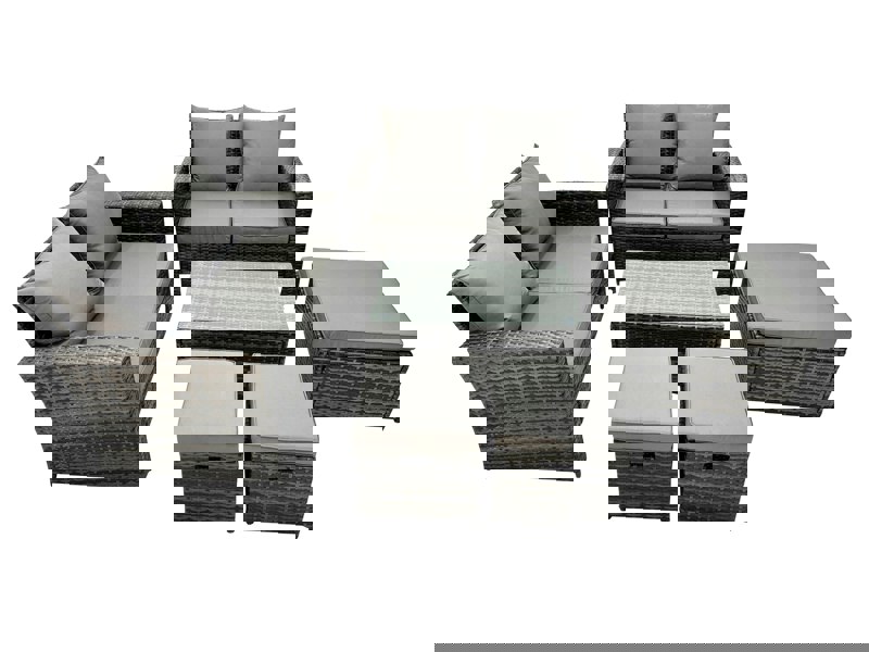 Fimous PE Rattan Garden Furniture Set Lounge Double Seat Sofa Coffee Table Set with 3 Stools Dark Grey MixedMixed