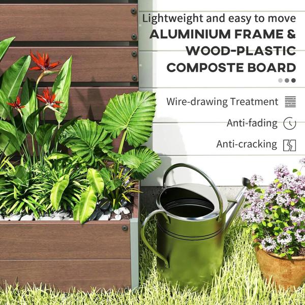 Light brown aluminum wood-plastic raised garden planter with trellis