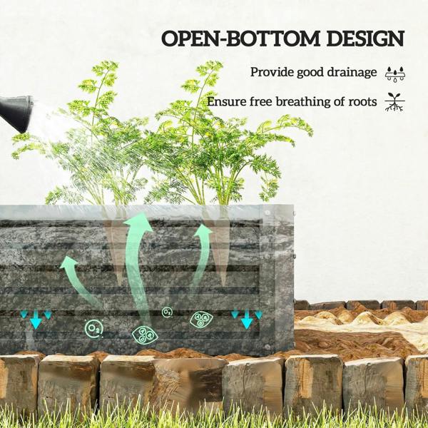 Open-bottom dark grey steel planter box for plants, shown with landscaping stones