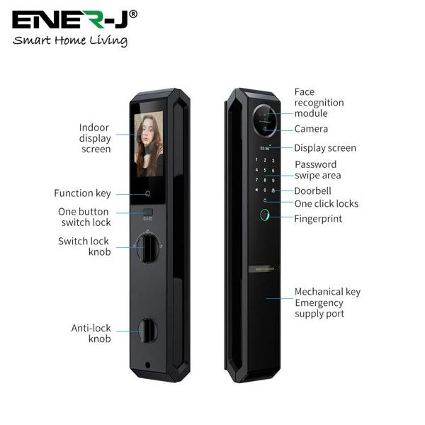 ENER-J Smart Doorlock With Peephole Camera, Works with fingerprint, Passcodes, APP control, RFID Cards & Mechanical Keys, Black housing, IP65