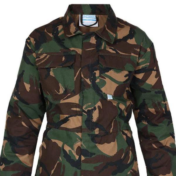 Close-up of camo pattern on kids army overalls fabric