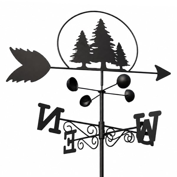Trees Weathervane with Wind Speed Indicator Cups, All-Steel Black Finish, Wall Mount Fixings and 1.7m Ground Spike Option