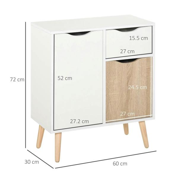 White floor cabinet sideboard with drawer and two cabinet doors, wood-front panel, tapered legs.