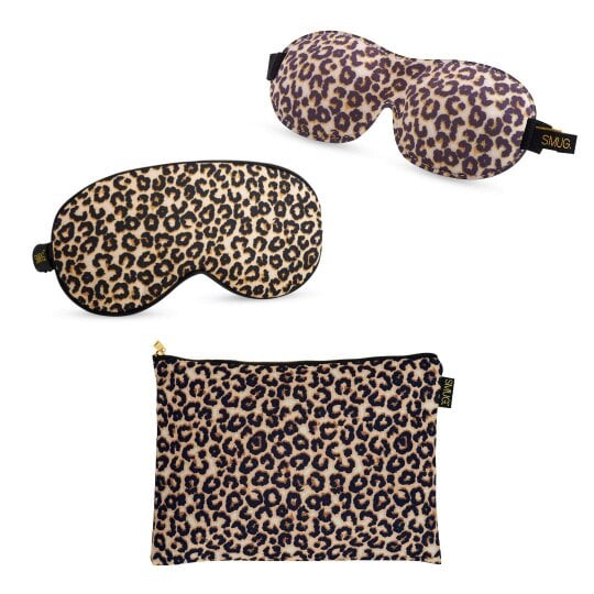 Contoured & Satin Sleep Mask Double Pack & Accessories Bag Set - Various Prints - Leopard