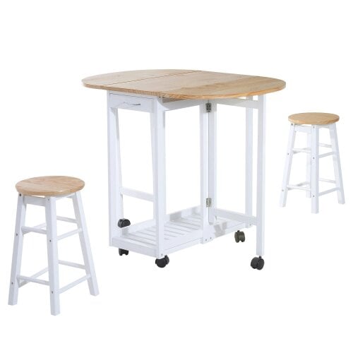 Wyld Haus Rasola Wooden White Mobile Drop Leaf Dining Table With Stools Drawers Shelving And Wheels