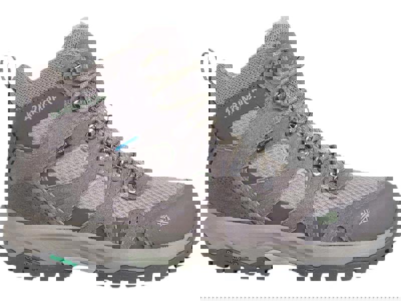 Karrimor Bodmin Mid 6 Womens Walking Hiking Trekking Boots, beige and grey hiking boots with mesh and suede overlays, lace-up front, waterproof and breathable features.