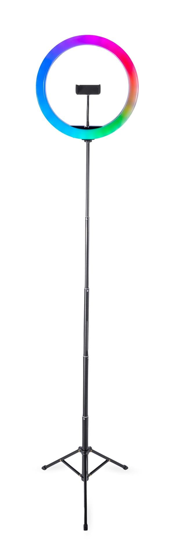 The Rio Studio RGB Beauty Ring Light features a tall tripod stand and a central smartphone holder. Its vibrant blue, pink, and green glow is ideal for enhancing your color photography.