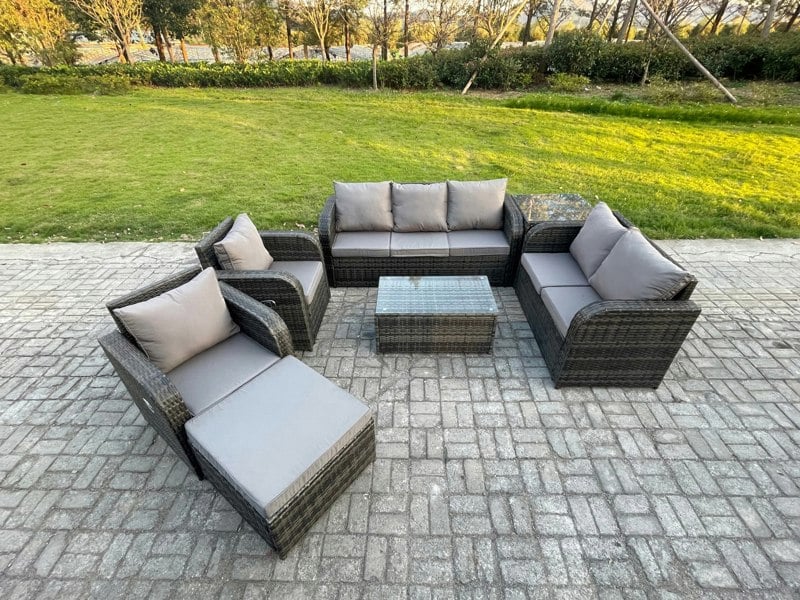 Fimous 8 Seater Rattan Conservatory Sofa Set - Rectangular Coffee Table, 3-Seater Sofa, Loveseat & Footstool