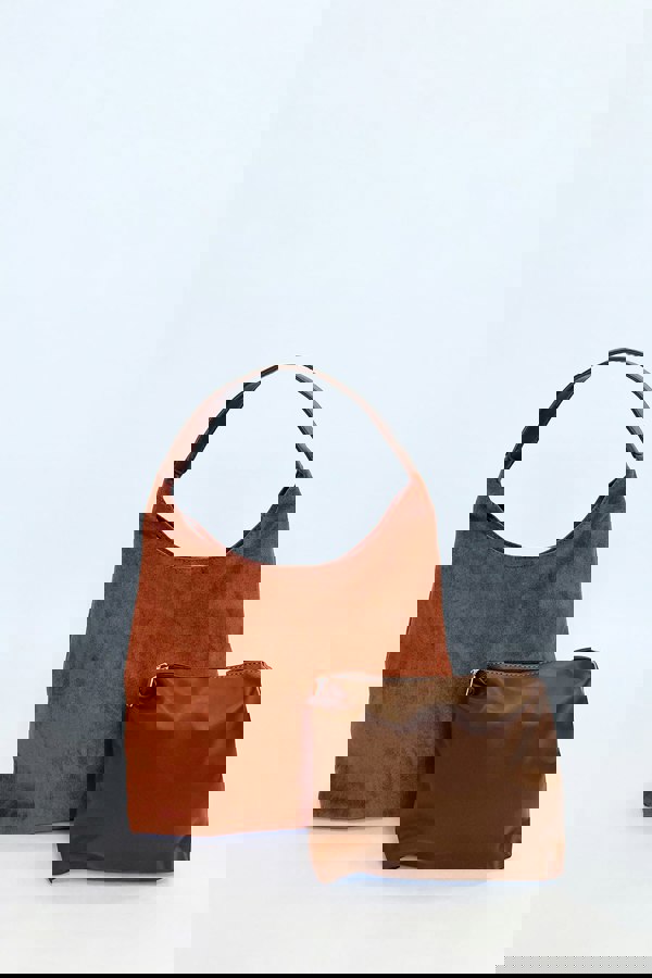 SVNX Suede Hobo Shoulder Bag in Tan