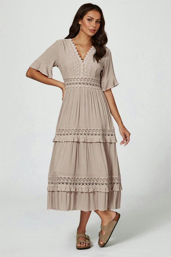 FS Collection V Neck Lace Detail Midi Dress In Soft Champagne