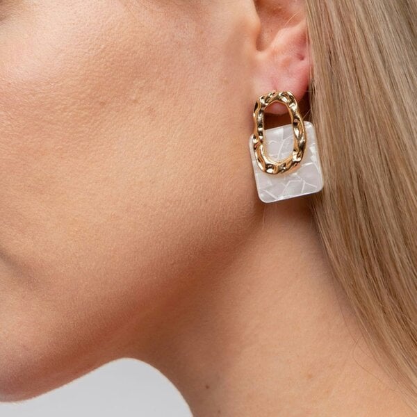 The Colourful Aura Gold Acrylic Resin Geometric Hollow Square Lock Hanging Foil Stud Drop Earring