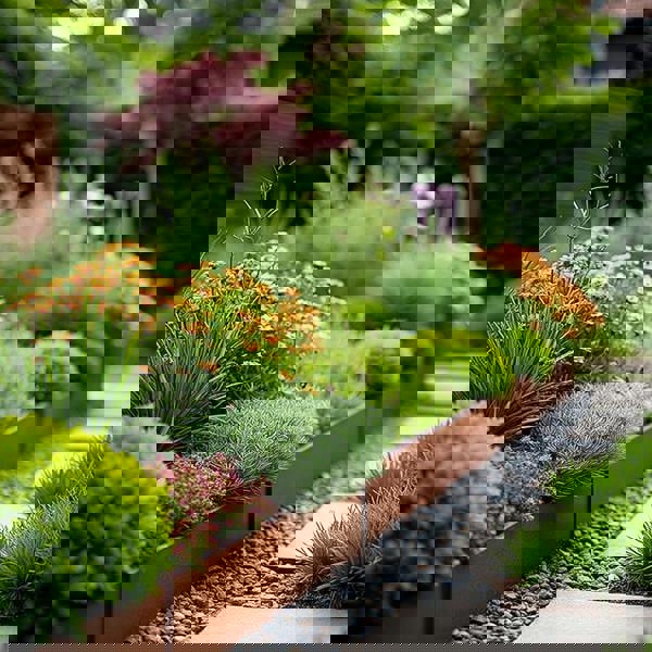 Rust Corten steel 20cm high garden edging used for raised flower beds alongside a gravel path