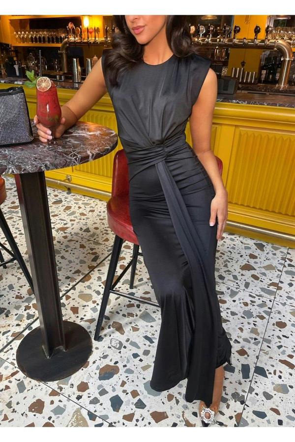 Nadia Sleeveless Gathered Maxi Dress With Drape - Black