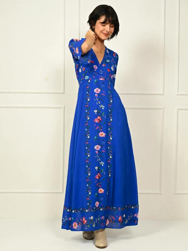 Rose & Nancy Tory Blue Botanical Floral Border Print Maxi Dress