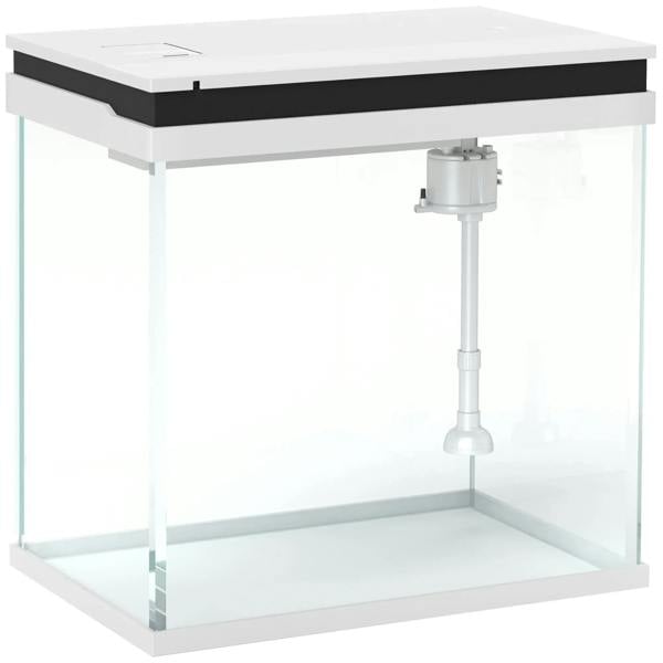 White glass aquarium tank with black lid and visible filter pump