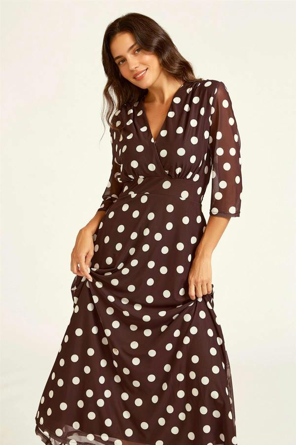 FS Collection Polka Dot Mesh Wrap Neck 3/4 Sleeve Midi Dress In Brown