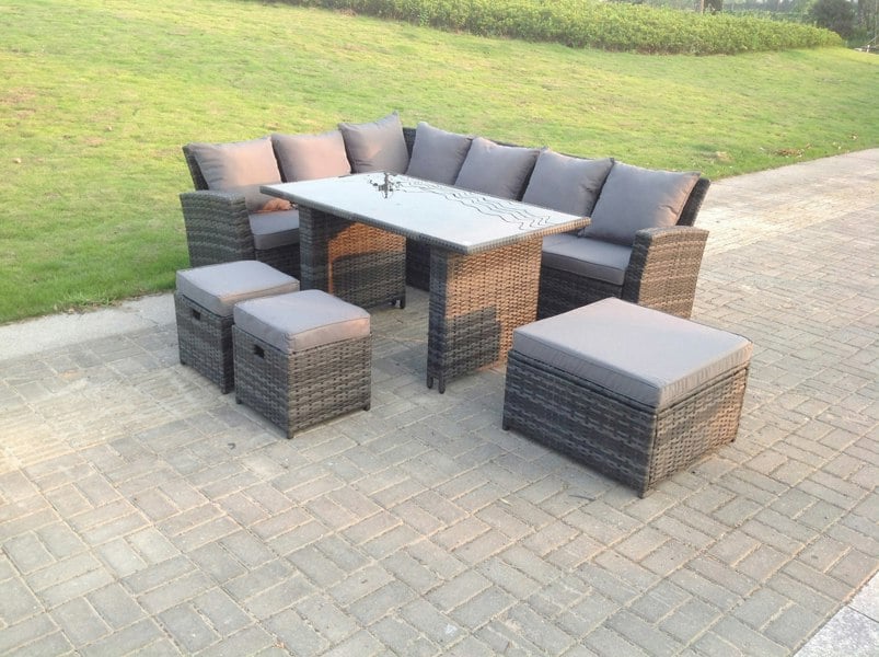 Fimous 9 Seater High Back Rattan Garden Furniture Set Corner Sofa With Black Tempered Dining Table 3 Footstool