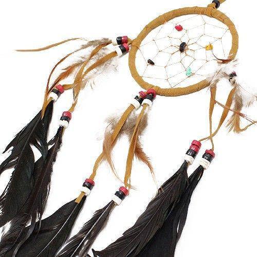 Medium round dreamcatcher with tan hoop, black feather fringe, and beaded dangling accents