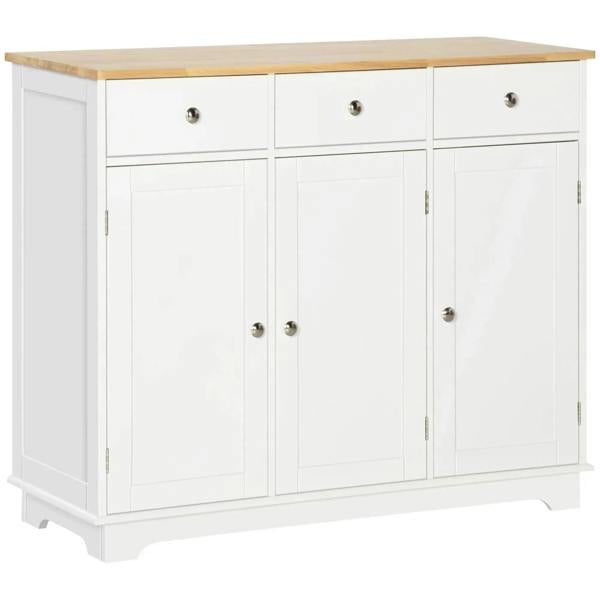 White sideboard cabinet with rubberwood top, three drawers, and three paneled doors