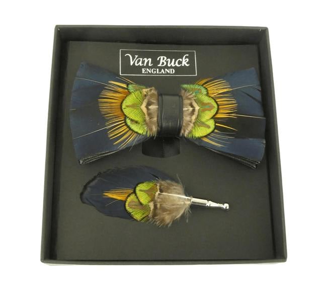 Navy & Gold Feather Bow Tie & Lapel Pin Set - Claudio Lugli Shirts