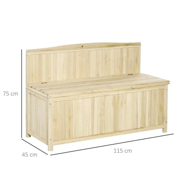 Natural wood garden storage bench with hinged lid, slatted back, and side legs