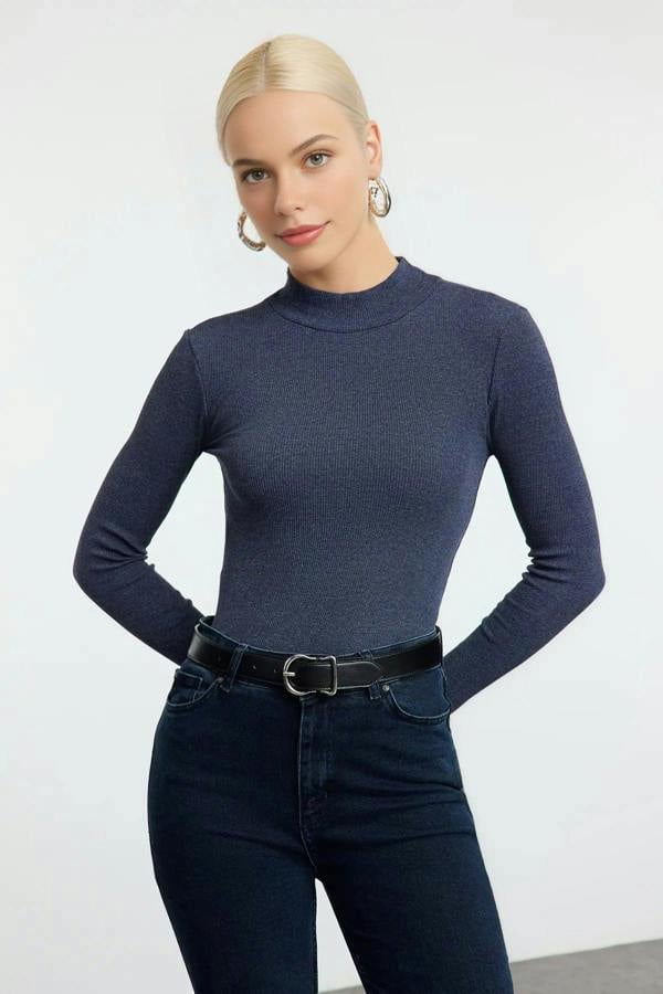 WOVCOR Fitted Stand Collar Long Sleeve Ribbed Knit Blouse
