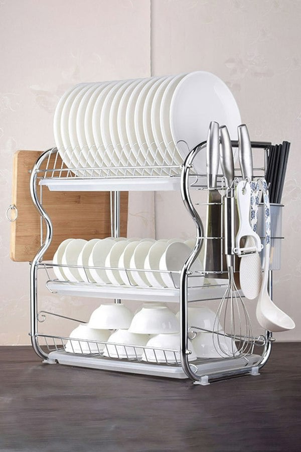 Living and Home 3 Tier Dish Drainer Rack Plate Bowl Storage Drying Tray Board with Kitchen Utensils Holder , Hooks