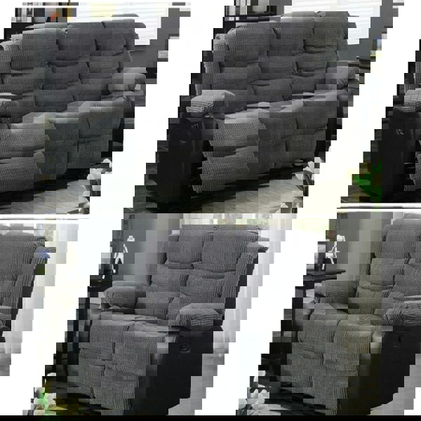 SQUAREBOXX Roma Jumbo Cord with Leather Sofa 3+2 Seater Fabric Recliner Sofa in Grey with Black