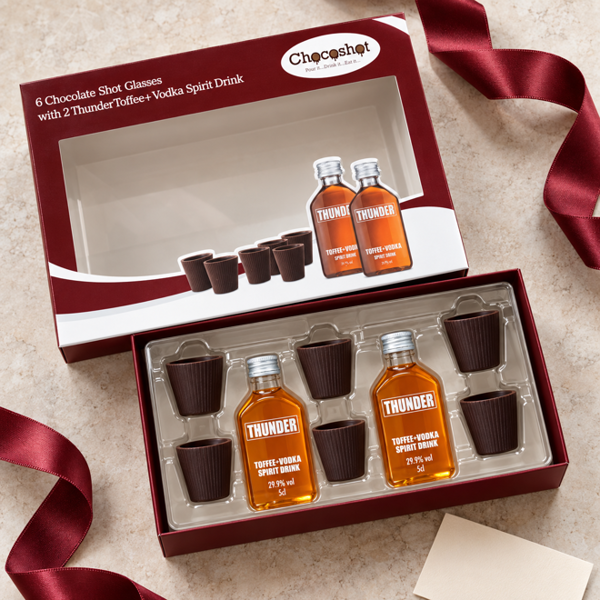 Chocoshot 6 Chocolate Shot Glasses with 2 Thunder Toffee + Vodka Spirit Drink L'chaim Gift Set