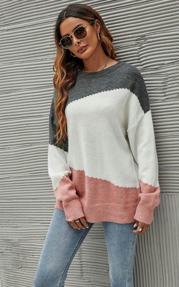 FS Collection Grey & Pink Block Colour Jumper Top In White
